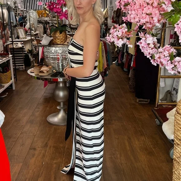 300 Halston Heritage Black & White Strapless Striped Gown NWT - Picture 8 of 15